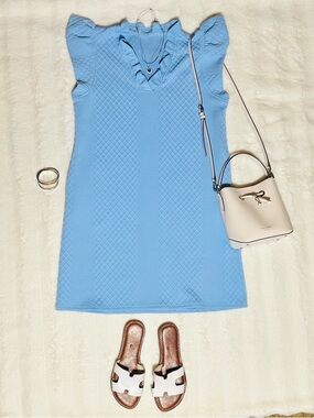 Light Blue Ruffle Sleeve Knit Dress - Women's